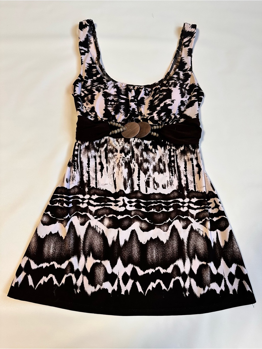 Wrapper Black and Light Pink Patterned Tank Dress with Decorative Waist Detail